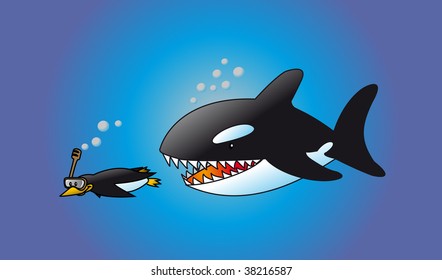 A naive penguin snorkeling while being chased by a hungry whale.
