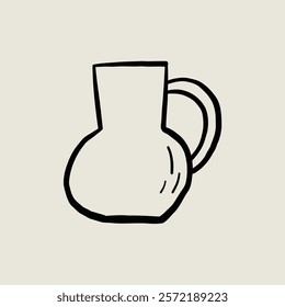 Naive Pitcher Pottery Ceramic. Jug Sketch Black Line Symbol. Stylized Whimsical Hand Drawn Vector Element Decor