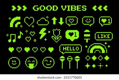 Naive pixel elements set. Smile, arrow, heart. Acid green. Neon. Y2k trendy playful pixels stickers. Mood of 90's aesthetics. 8-bit retro style vector illustration. Simple geometric form. Icon pack