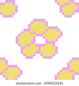 Naive Pixel Y2k seamless pattern. 90s trendy playful art. Pixelated Daisy flowers in pink and yellow colors on white. 8-bit pixel art aesthetics, vector illustration. Retro Simple geometric form.