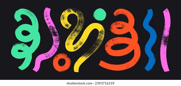 Naive playful abstract curved bold lines and circles. Colorful hand drawn textured geometric vector collage elements. Wavy lines, dots and swirls. Grunge style thick curved strokes with loops.