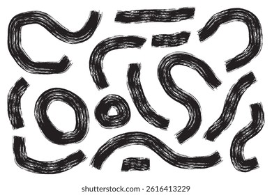 Naive playful abstract curved bold lines and circles. Hand drawn textured geometric vector collage elements. Wavy lines, dots and swirls. Grunge style thick curved strokes with loops, vector-eps 10