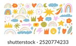 Naive playful abstract doodle shapes sticker pack in childish style. Colored crayon drawn funky figures and doodles for kid collages. Clouds with rainbow, sun, hearts, crowns, arrows and stars.