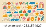 Naive playful abstract doodle shapes sticker pack in childish style. Colored crayon drawn funky figures and doodles for kid collages. Clouds with rainbow, sun, hearts, crowns, arrows and stars.