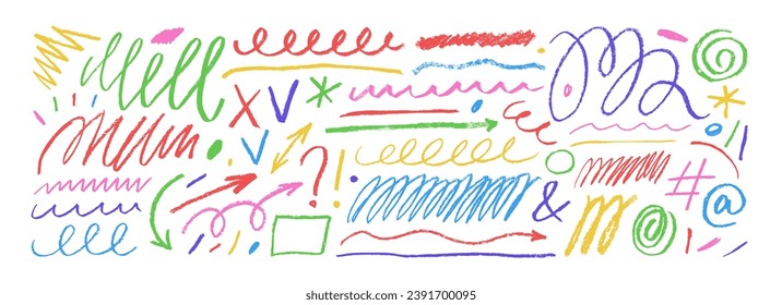 Naive playful abstract doodle shapes and lines drawn with a charcoal. Hand drawn colored text marks, underlines, squiggles and punctuation signs. Crayon curved lines, swirls, arrows and squiggles.