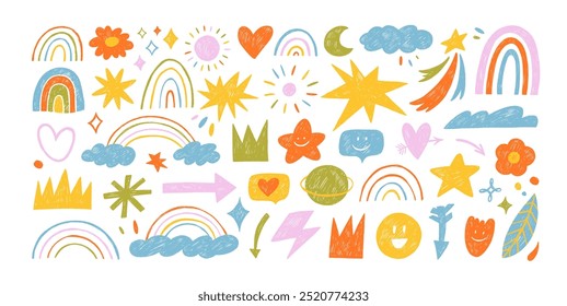 Naive playful abstract doodle shapes sticker pack in childish style. Colored crayon drawn funky figures and doodles for kid collages. Clouds with rainbow, sun, hearts, crowns, arrows and stars.