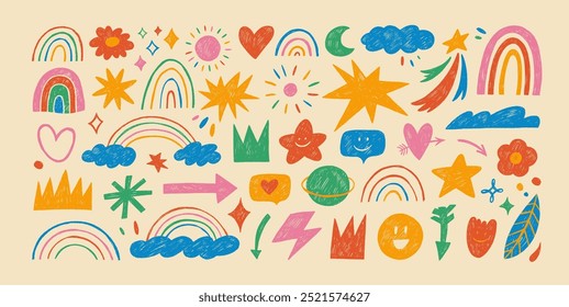 Naive playful abstract doodle shapes sticker pack in childish style. Colored crayon drawn funky figures and doodles for kid collages. Clouds with rainbow, sun, hearts, crowns, arrows and stars.