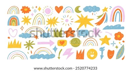 Naive playful abstract doodle shapes sticker pack in childish style. Colored crayon drawn funky figures and doodles for kid collages. Clouds with rainbow, sun, hearts, crowns, arrows and stars.