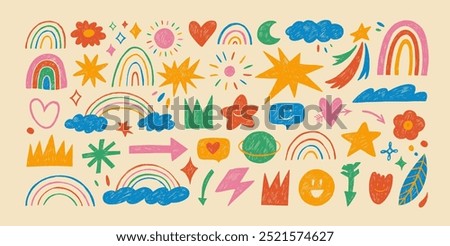 Naive playful abstract doodle shapes sticker pack in childish style. Colored crayon drawn funky figures and doodles for kid collages. Clouds with rainbow, sun, hearts, crowns, arrows and stars.