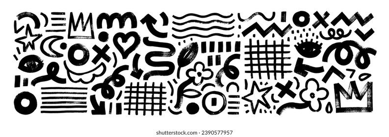 Naive playful abstract geometric shapes, lines, forms collection. Hand drawn grunge style brush strokes, bold curved lines, grid, crowns, star and others geometric shapes. Vector collage elements.