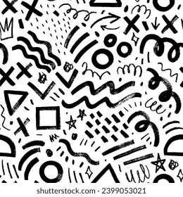 Naive playful abstract geometric shapes seamless pattern. Charcoal squiggles and various brush strokes. Hand drawn geometric shapes and curved lines, dots, scribbles. Vector kids memphis background.