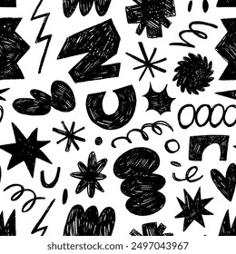 Naive playful abstract geometric shapes seamless pattern. Crayon doodle punk and groovy shapes wallpaper. Grunge sketchy style seamless pattern with linocut stars, squiggles and arches.