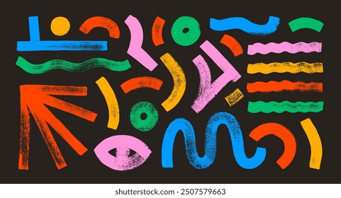 Naive playful abstract geometric shapes in grunge doodle style. Colorful brush drawn bold figures and thick wavy lines. Hand drawn vector illustration for collages. Funky rough shapes and figures.