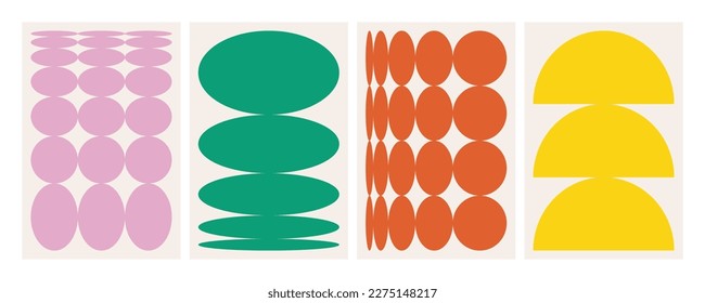 Naive playful abstract shapes backgrounds. Brutal contemporary figure circle oval wave patterns. Geometric posters in trendy retro brutalist style. Swiss design aesthetic.