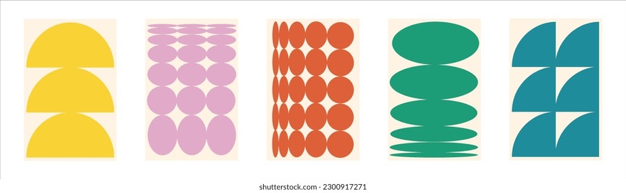 Naive playful abstract shapes backgrounds. Brutal contemporary figure circle oval wave patterns. Geometric posters in trendy retro brutalist style. Swiss design aesthetic