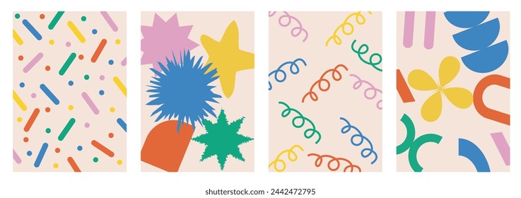 Naive playful abstract shapes backgrounds. Brutal contemporary figure circle oval wave patterns. Geometric posters in trendy retro brutalist style. Modern Swiss design aesthetic. Design aesthetics