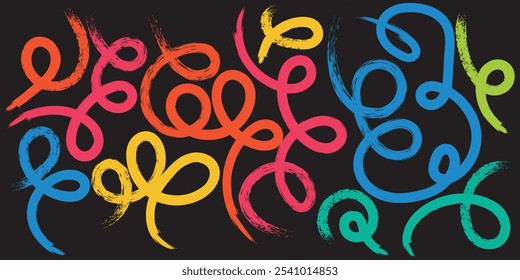 Naive playful abstract shapes in doodle grunge style in multi colored. Squiggles, circles, asterisk, infinity sign, dots and wavy bold lines. Vector illustration with colorful geometric elements.