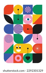 Naive playful abstract shapes in print. Creative geometric art poster. Memphis, bauhaus, hipster style. Brutalism Colorful aesthetic. Groovy style