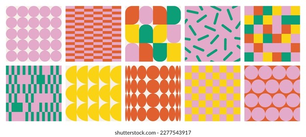 Naive playful abstract shapes seamless patterns. Brutal contemporary figure circle oval wave backgrounds. Geometric posters in trendy retro brutalist style. Swiss design aesthetic.