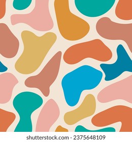 Naive playful abstract shapes seamless pattern. Psychedelic background with geometric shapes. Retro print for flyers, social media posters and design, vector illustration