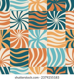 Naive playful abstract shapes in squares seamless pattern