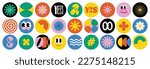 Naive playful abstract shapes sticker pack. Groovy circle oval rectangle arch eyes typography in trendy retro 90s cartoon style. Vector illustration with wavy geometric elements. Brutalism aesthetic.
