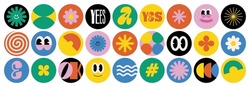 Naive playful abstract shapes sticker pack. Groovy circle oval rectangle arch eyes typography in trendy retro 90s cartoon style. Vector illustration with wavy geometric elements. Brutalism aesthetic.