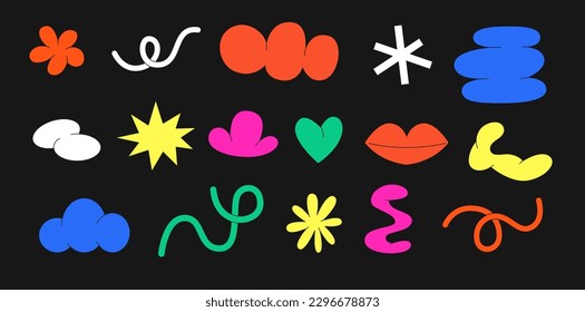 Naive playful abstract shapes sticker pack. Abstract cloud and flower shapes in trendy 90s 00s style. Vector illustration with wavy and spiral elements.