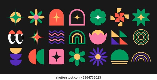 Naive playful abstract shapes sticker pack. Groovy circle oval rectangle arch eyes typography in trendy retro 90s cartoon style. Vector illustration with wavy geometric elements. Brutalism aesthetic.