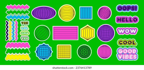 Naive playful abstract shapes sticker pack. Groovy retro Y2K Stickers. Wavy geometric, round, square elements. Brutalism aesthetic. Vector illustration.