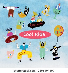 Naive and Playful Abstract Shapes Sticker set with a Cool Girl Theme. Collection of Trendy Stickers Isolated against a Watercolor Sky Background.