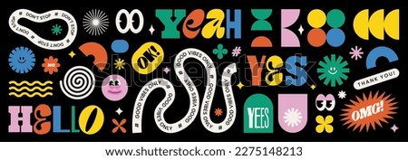 Naive playful abstract shapes sticker pack. Groovy circle oval rectangle arch eyes typography in trendy retro 90s cartoon style. Vector illustration with wavy geometric elements. Brutalism aesthetic. Stockfoto © 