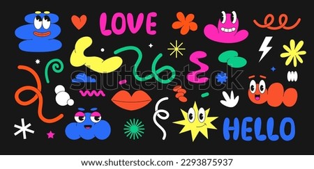 Naive playful abstract shapes sticker pack. Abstract cloud and flower shapes in trendy 90s 00s style. Bubble font. Abstract retro characters. Vector illustration with wavy and spiral elements. Imagine de stoc © 
