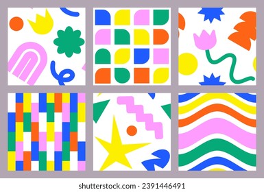 Naive playful abstract shapes in trendy Brutal style seamless pattern set. Minimalistic Swiss design. Geometric Bauhaus print for poster, T-shirt. Vector illustration.