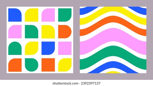Naive playful abstract shapes in trendy Brutal style seamless pattern set. Minimalistic Swiss design. Geometric Bauhaus print for poster, T-shirt. Vector illustration.