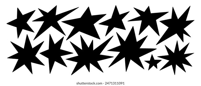 Naive playful abstract star shapes collection. Various trendy shapes in geometric doodle style. Vector modern graphic design elements, y2k style. Star silhouettes for posters, banners, collages.