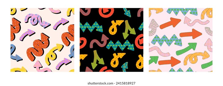 Naive playful arrow pointers seamless pattern with vector texture in trendy retro style. Y2k aesthetic. Dynamic arrow signs for design