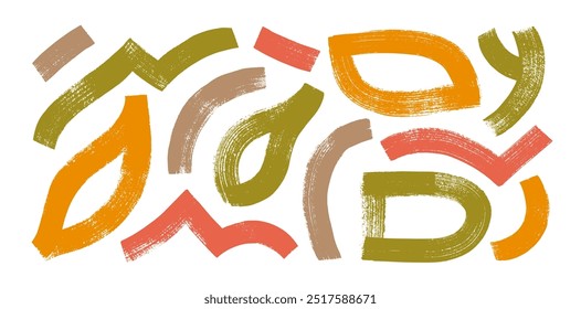 Naive playful autumn colored geometric shapes collection. Bold brush drawn organic lines and wavy strokes. Abstract trendy grunge geometric figures. Random doodle figures, organic curved strokes.