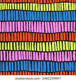 Naive playful boho seamless pattern with hand drawn textured dashes. Abstract matisse Striped print in bright childish colors. Messy graffiti wallpaper print. Swiss Doodle contemporary design for kids