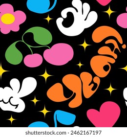 Naive playful cartoon seamless pattern. Cherry, music, lettering, star, daisy, vintage hands in the trendy cartoon retro style. Aesthetics of brutalism. Vector illustration with wavy geometric shapes.