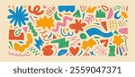 Naive playful crayon drawn abstract shapes, funky icons or stickers. Doodle contemporary figures, stars, squiggles, zigzag and other primitive geometric elements. Colorful hand drawn vector shapes.