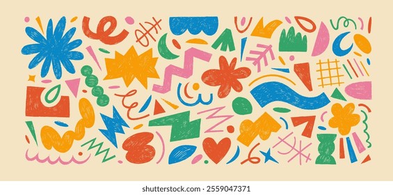 Naive playful crayon drawn abstract shapes, funky icons or stickers. Doodle contemporary figures, stars, squiggles, zigzag and other primitive geometric elements. Colorful hand drawn vector shapes.