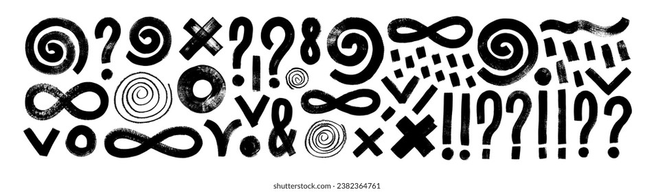 Naive verspielte doodle abstrakte Formen Sammlung. Pinselstriche, fette Linien, Ausrufezeichen und Fragezeichen, Zecken, Punkte, Spiralen und Unendlichkeiten. Geometrische Form im Stil der kreativen 90er Jahre für Collagen.