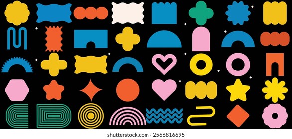 Naive playful groovy brutal shape. Modern Colorful swiss design abstract geometric shapes. Trendy retro 90s 70s cartoon style brutal contemporary shape sticker elements with waves, star, bubble, funky