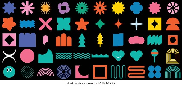 Naive playful groovy brutal shape. Modern Colorful swiss design abstract geometric shapes. Trendy retro 90s 70s cartoon style brutal contemporary shape sticker elements with waves, star, bubble, funky