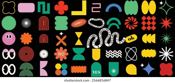 Naive playful groovy brutal shape. Modern Colorful swiss design abstract geometric shapes. Trendy retro 90s 70s cartoon style brutal contemporary shape sticker elements with waves, star, bubble, funky