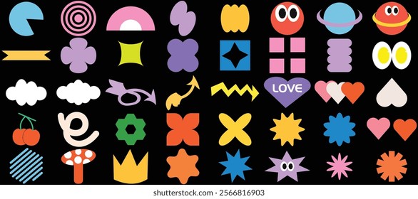 Naive playful groovy brutal shape. Modern Colorful swiss design abstract geometric shapes. Trendy retro 90s 70s cartoon style brutal contemporary shape sticker elements with waves, star, bubble, funky