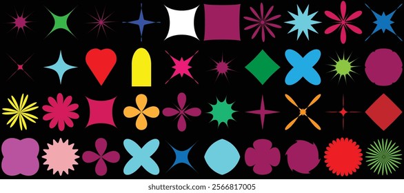 Naive playful groovy brutal shape. Modern Colorful swiss design abstract geometric shapes. Trendy retro 90s 70s cartoon style brutal contemporary shape sticker elements with waves, star, bubble, funky