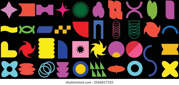 Naive playful groovy brutal shape. Modern Colorful swiss design abstract geometric shapes. Trendy retro 90s 70s cartoon style brutal contemporary shape sticker elements with waves, star, bubble, funky