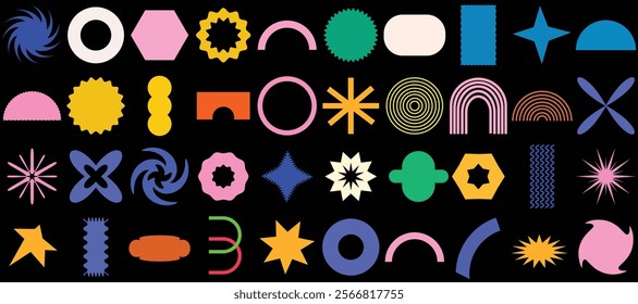 Naive playful groovy brutal shape. Modern Colorful swiss design abstract geometric shapes. Trendy retro 90s 70s cartoon style brutal contemporary shape sticker elements with waves, star, bubble, funky